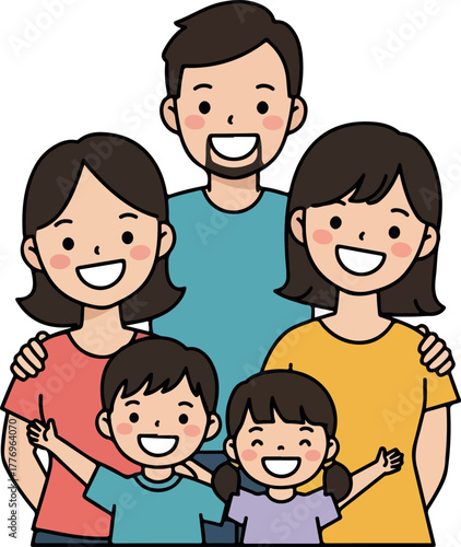 Happy Family Vector Illustration With Two Parents and Three Children Smiling