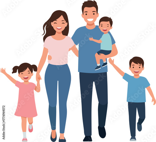Happy Family Walking Together Casual Outfits Colorful Vector