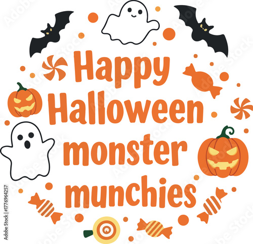 Happy Halloween Monster Munchies Round Vector Flat Design with Ghosts Pumpkins Bats Candy