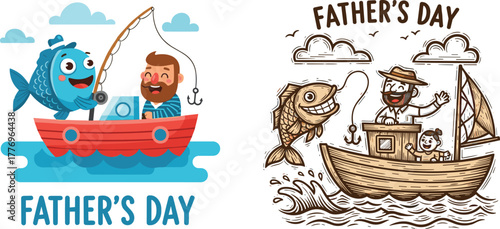 Father and child fishing boat illustration, Father's Day celebration, cartoon and sketch style, happy bonding, outdoor activity, vintage design