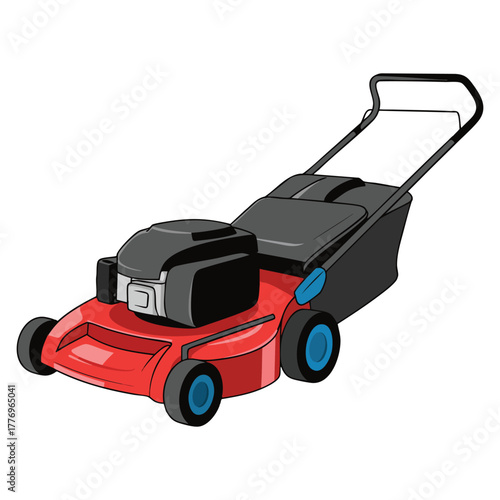 Red lawnmower close up illustration vector artwork ideal for garden yard maintenance home equipment or outdoor cleaning themed creative design element
