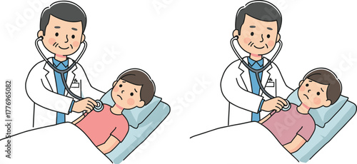 Doctor, examining, child, patient, hospital, bed, stethoscope, healthcare, pediatric, checkup, medical, cartoon, illustration, white, coat, blanket, diagnosis, professional, care, treatment