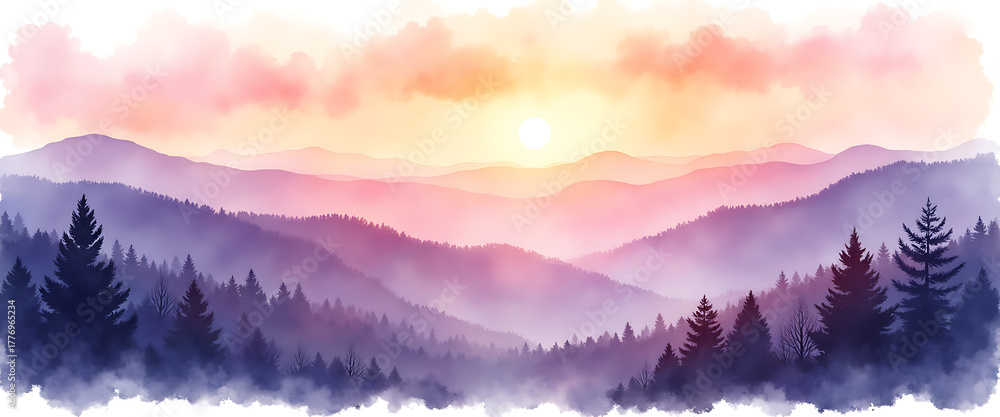 Obraz premium Sunrise or sunset over misty mountain range with pine forest landscape