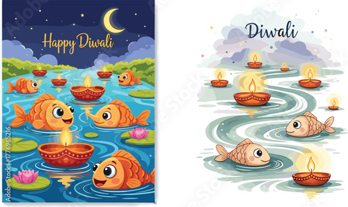 Diwali celebration with fish, floating oil lamps, festive pond, twilight river, lotus flowers, diya lights, cartoon style, holiday illustration