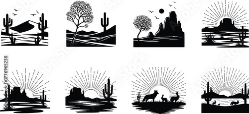 Desert landscape silhouettes, cactus, mesa, sunset, wild west, nature scene, arid terrain, wildlife, sun rays, American Southwest illustration