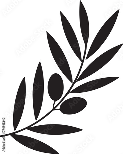 Olive branch vector silhouette with dark leaves and fruit representing peace and nature