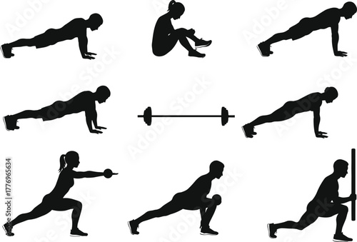 Fitness exercise silhouette vector set with plank, push-up, lunge, barbell, stretching, bodyweight workout, gym training, strength illustration