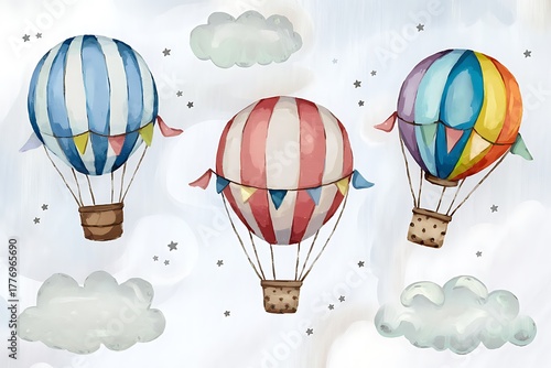 Watercolor hot air balloons illustration. Cute hand painted set with striped balloons, clouds and stars, perfect for nursery decor, baby shower invitations, kids posters and party design.