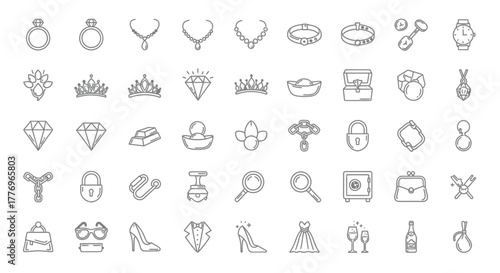 Set of doodle luxury icons, jewelry and fashion items