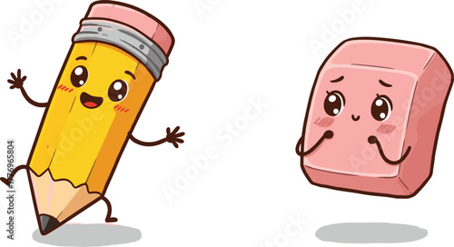 Cute cartoon pencil and eraser characters, smiling school supplies, educational illustration, kawaii style, isolated white background, kids learning tools