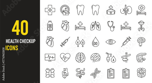 Collection of 40 health checkup icons in line style, representing various medical concepts
