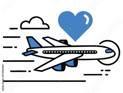 Vector honeymoon travel icon line design with love trip valentines day flight colorful outline suitable for romantic travel or vacation themed artwork