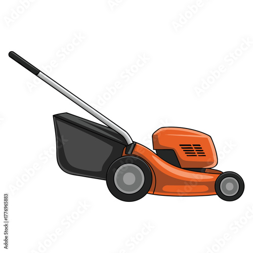 Vector illustration close up lawnmower with trash bag suitable for outdoor cleaning garden maintenance or home yard equipment themed creative artwork