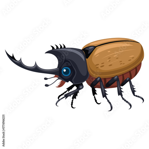 Vector illustration of beetle with sharp horn isolated on white background ideal for insect wildlife animal nature or entomology themed creative artwork