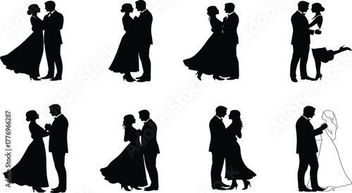 Romantic couple silhouette vector set featuring elegant poses, wedding moments, love dance, and affectionate gestures for creative design use.