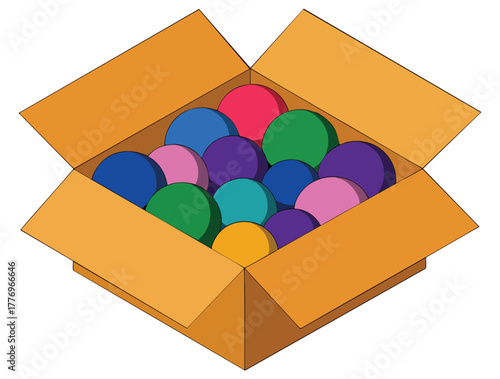 Vector illustration of colourful ball inside corrugated box isolated design perfect for packaging concept toy storage or decorative playful artwork