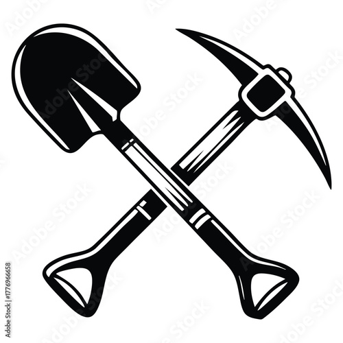 Vector illustration of crossed shovel and pickaxe glyph icon silhouette symbol depicting mining digging tool construction or excavation isolated design creative artwork