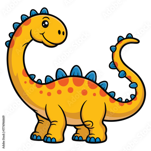 Vector illustration of cute yellow dinosaur with long neck ideal for children cartoon character prehistoric animal playful or educational themed artwork