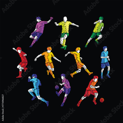Dynamic Soccer Player in Motion Abstract Style Colorful Outline Silhouette