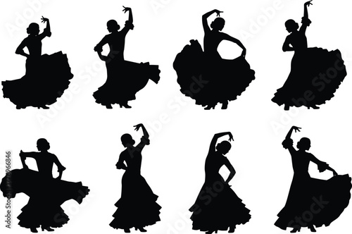 Traditional flamenco dancer silhouette vector set with expressive poses, swirling dress, graceful movement, cultural elegance, and dramatic arm gestures.