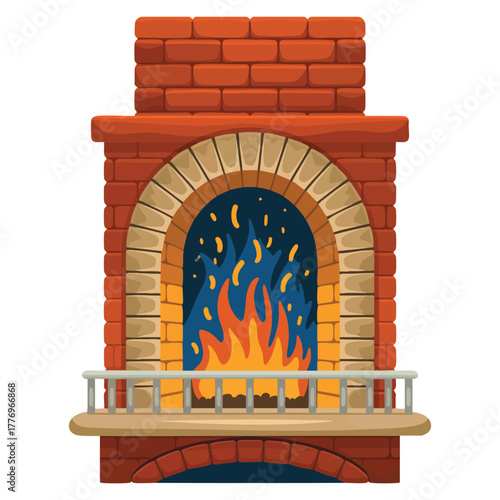 Vector illustration of fireplace and hearth design sticker with red bricks stones and clay burning firewood ideal for home comfort warmth and cozy interior themed artwork