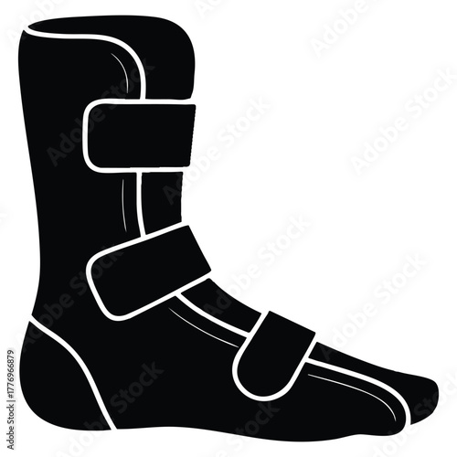 Vector illustration of foot ankle brace glyph icon showing orthosis adjustable leg brace bandage pain relief joint muscle sprain treatment silhouette isolated artwork