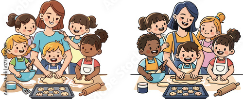 Children baking cookies with teachers, kitchen teamwork, happy kids cooking, learning activity, diverse group, fun culinary class, smiling faces, education