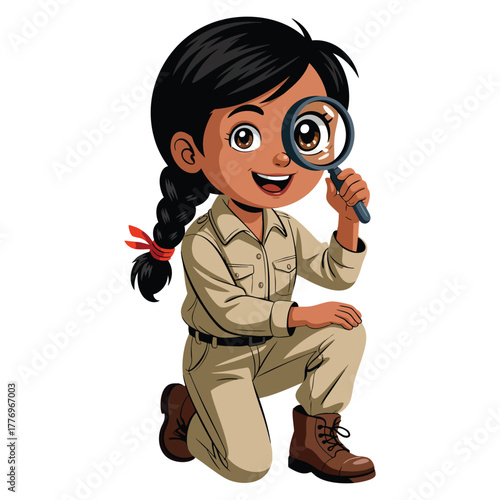 Vector illustration of girl with magnifying glass isolated on white background ideal for detective adventure exploration or learning themed creative designs