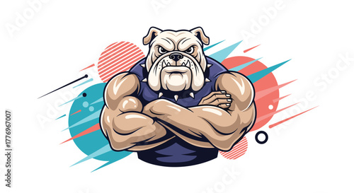 Fierce and muscular cartoon bulldog with crossed arms, wearing a spiked collar and a dark shirt, standing against a dynamic abstract background.