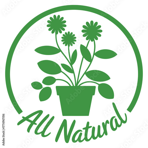 Vector illustration of green all natural label on white background ideal for organic food, healthy products, eco packaging and sustainable design themes