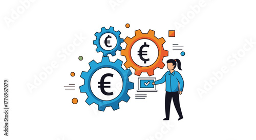 A person manages efficient Euro currency operations and digital financial processes represented by interconnected gears.