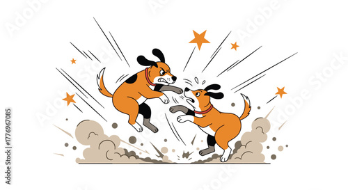 A vibrant cartoon depicts two dogs in a dynamic and intense scuffle, with one appearing aggressive and the other surprised amidst a dust cloud.