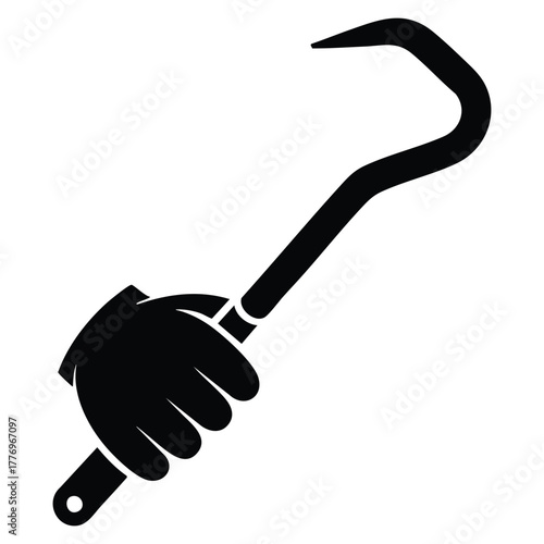 Vector illustration of hand holding crowbar glyph icon silhouette depicting prybar wrecking bar demolition construction tool design element isolated raster artwork