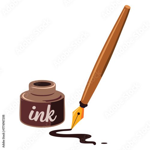 Vector illustration of ink bottle with pen isolated on white background suitable for writing tools stationery calligraphy or artistic creative projects
