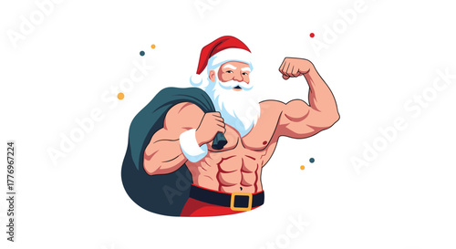 A strong, muscular Santa Claus, shirtless with a six-pack, flexes his bicep while carrying a sack of presents, ready for a fit Christmas celebration.