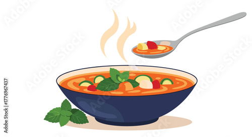 A vibrant bowl of hot vegetable soup, garnished with fresh herbs, with a spoonful being lifted, perfect for a warming meal.