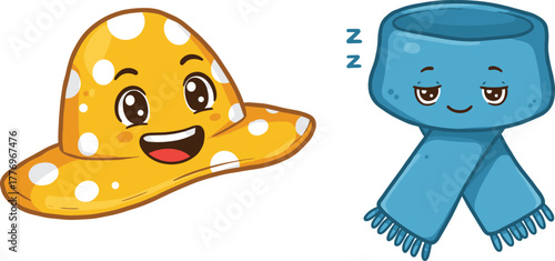 Cartoon yellow hat, blue scarf, cute faces, kids fashion accessories, playful illustration, cheerful character, sleepy expression, white background, vector