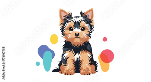 An adorable, detailed cartoon illustration of a cute Yorkshire Terrier puppy sitting on a white background with colorful abstract shapes surrounding it.