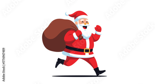 Cheerful Santa Claus, wearing his traditional red suit, joyfully runs with a large sack full of gifts on Christmas Eve.