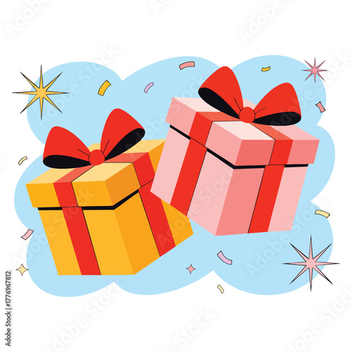 Vector illustration of ribbons gift boxes 2D cartoon object isolated flat style perfect for birthday donation giveaway festive design or decoration
