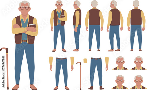 Elderly man character with glasses, brown vest, yellow shirt and cane, senior gentleman standing holding book, vector illustration set