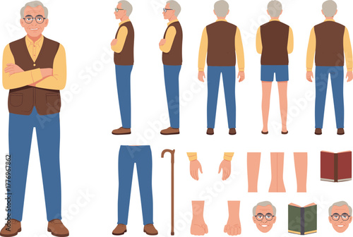 Elderly man character with glasses, brown vest and yellow shirt, senior gentleman standing with cane and book, vector illustration set