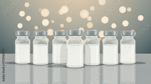 Row of glass bottles filled with white liquid and bokeh lights