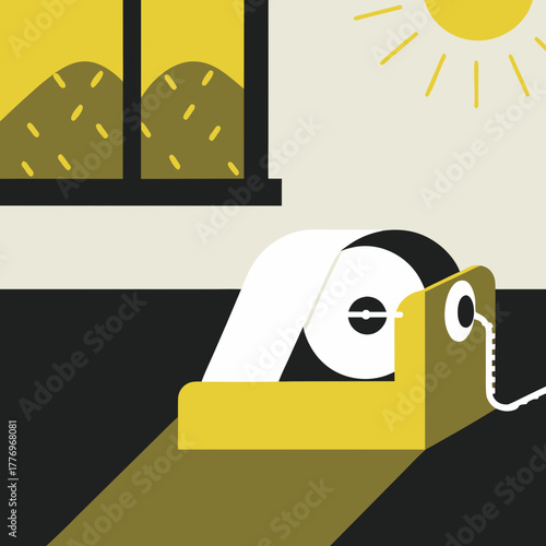 A cartoon tape dispenser with a roll sitting in bright sunlight