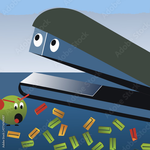 A Cartoon Stapler with Eye and Olive Confronting the Staples