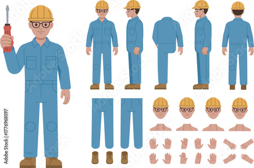 Industrial technician character set holding screwdriver, repair worker poses, safety helmet, blue uniform, editable vector parts, maintenance illustration design