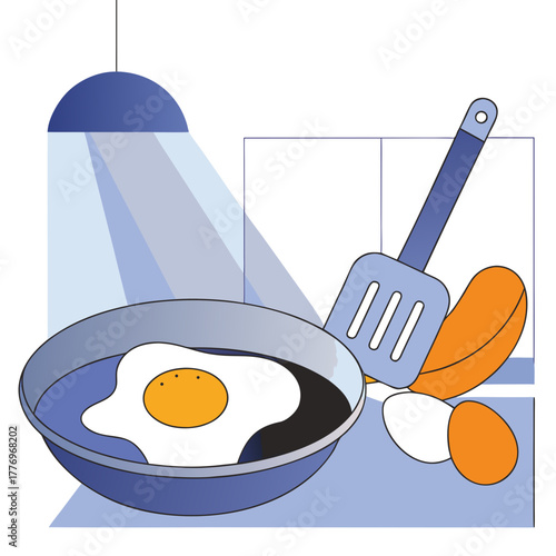 A fried egg in a pan with spatula and more eggs
