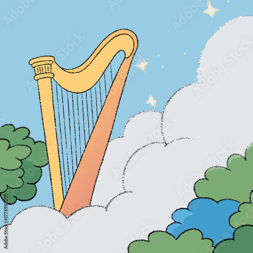 A golden harp appearing above the clouds with stars