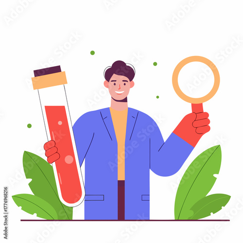 A happy doctor holding blood sample and magnifying glass