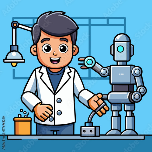 A happy robotics engineer with robot in laboratory setting